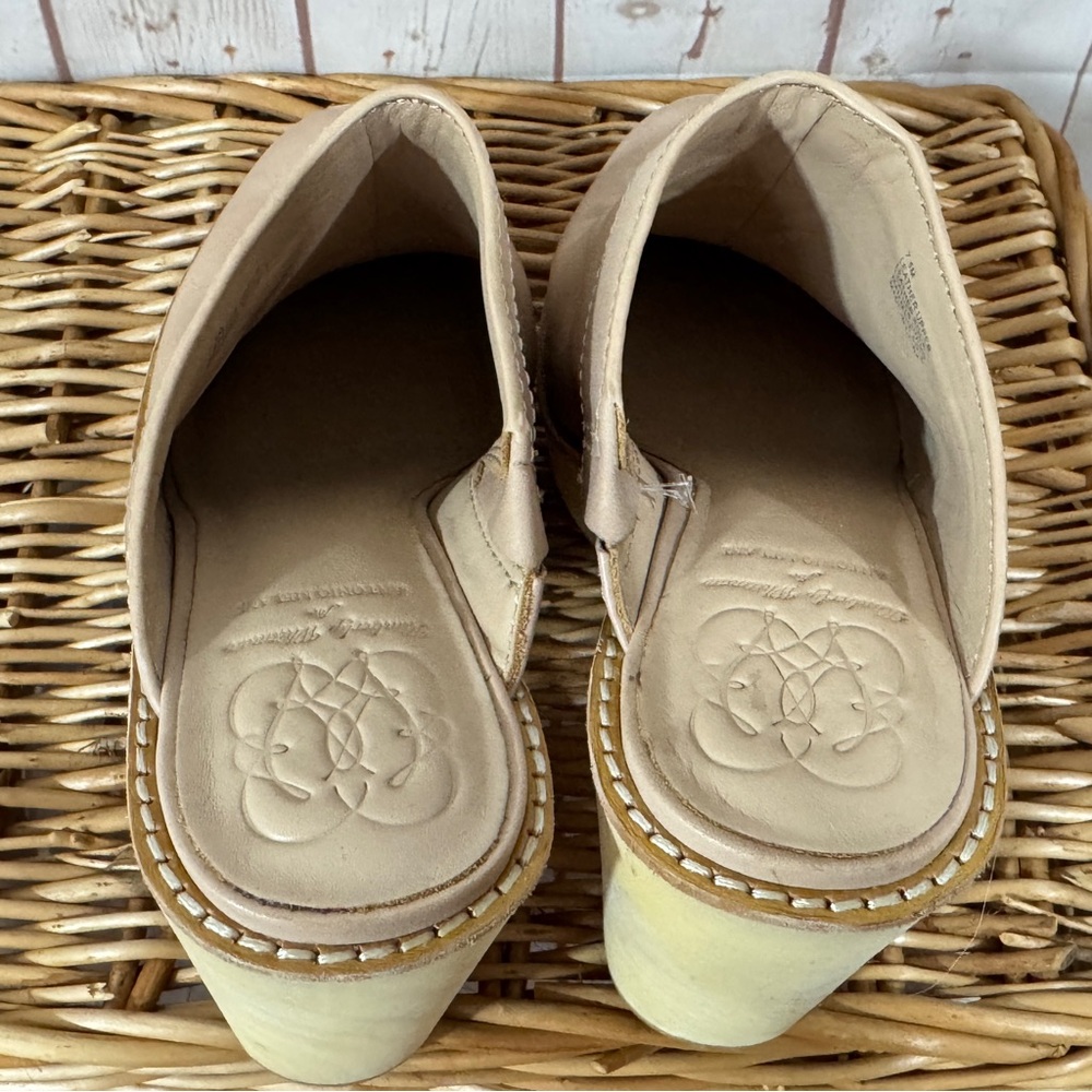 ANTONIO MELANI Kimberly Whitman Beige Tan Leather Wooden Clogs Mules Heels 7.5 - Picture 6 of 12